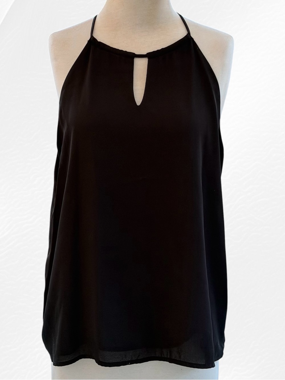 Finn & Grace Black Flowy Semi-Sheer Georgette Spaghetti Strap Halter Blouse, L